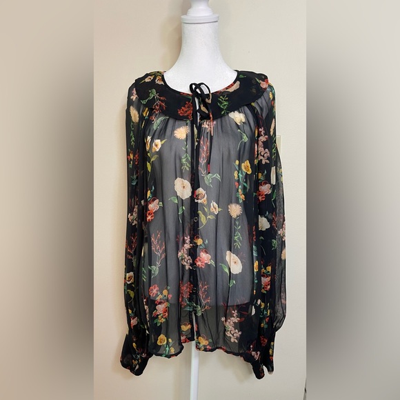 Anthropologie Tops - Anthropologie Women’s Sheer Neck Tie Button down Blouse Raglan Sleeve Size Xl.